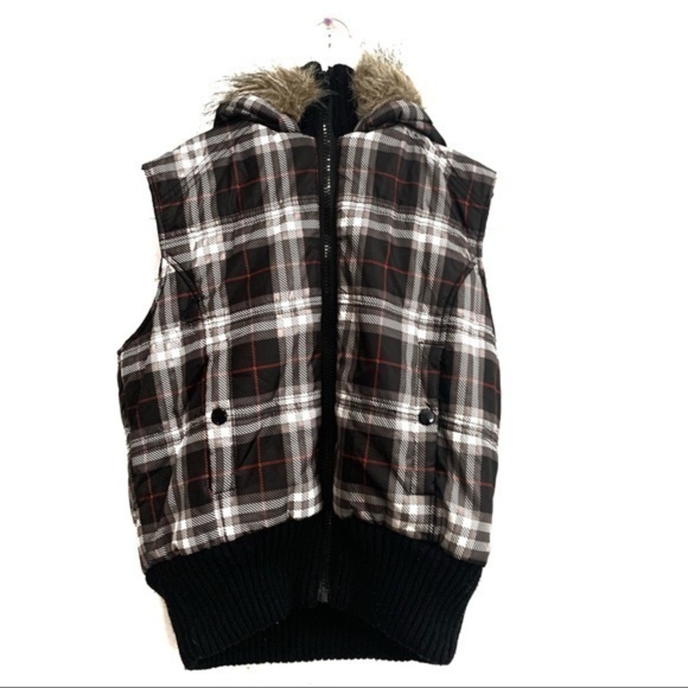 Plaid Puffer Vest with Faux Fur